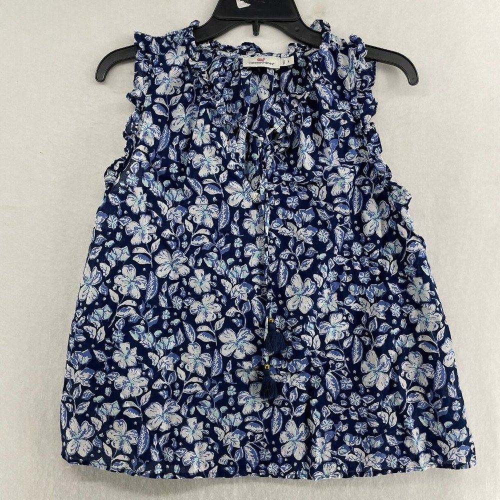 Vineyard Vines Blouse Women's Sz S Blue Hibiscus Floral Ruffle Neck Sleeveless